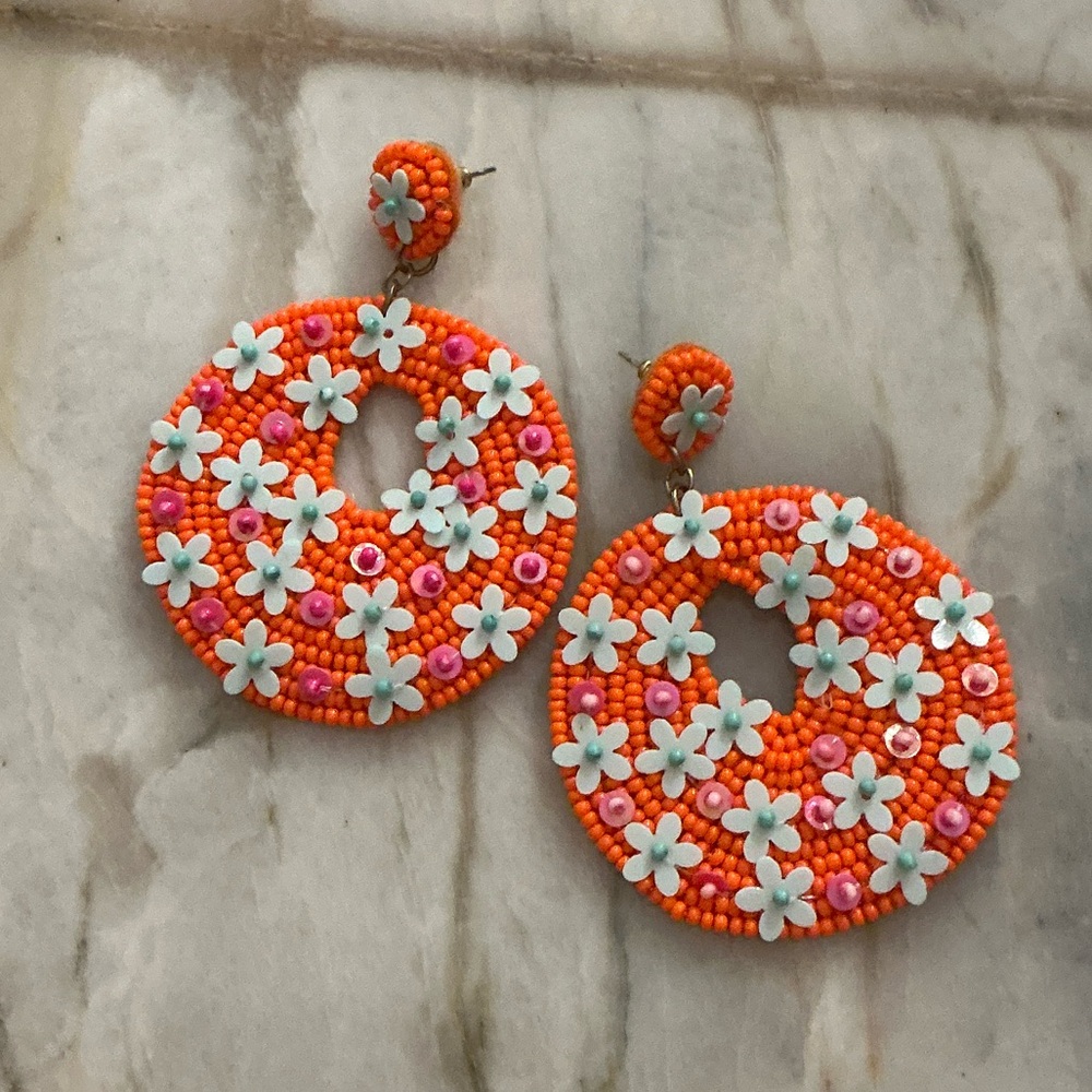 Orange Floral Beaded Earrings